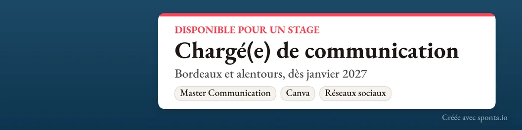 Exemplu de banner LinkedIn, modelul Card: specialistă în comunicare disponibilă pentru un stagiu la Timișoara